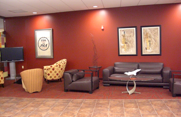 The goal for the Cleveland Jet Center lobby was to make a small space intimate while having very limited space to work with. 